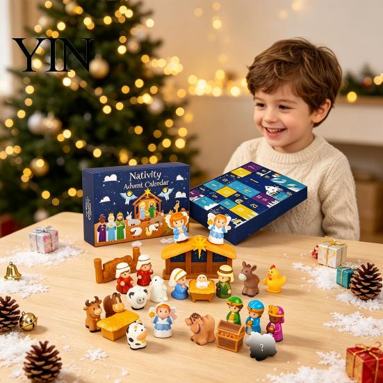 Plastic Christmas Countdown Ornament 24 Days Nativity Advent Calendar for Kids, Kids with Mini Figurines, Interactive Holiday Activities Children