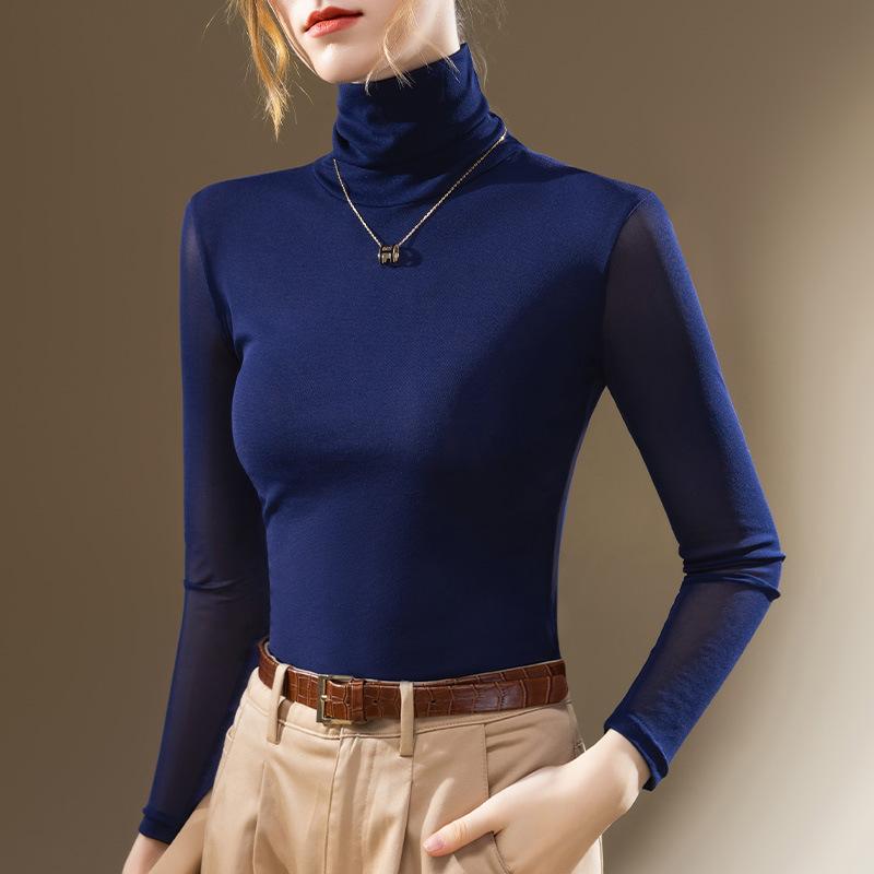 Базовая сетчатая футболка с высоким воротом для женщин Новая женская темпераментная модная футболка с длинным рукавом Нижнее белье