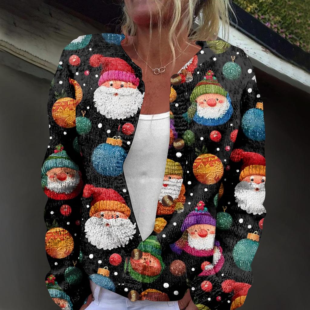 Women's Fashion Christmas Print Long Sleeve Knitted Cardigan Button Jacket