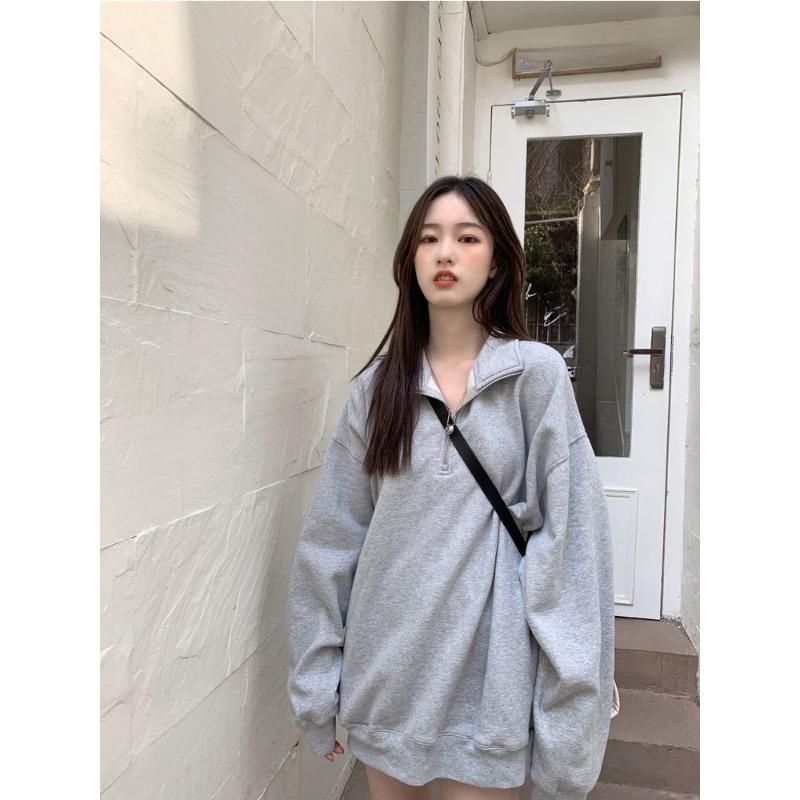 Повседневные свободные толстовки женские корейские модные Kpop Polo Collar серые однотонные пуловеры 2024 осень уличная одежда