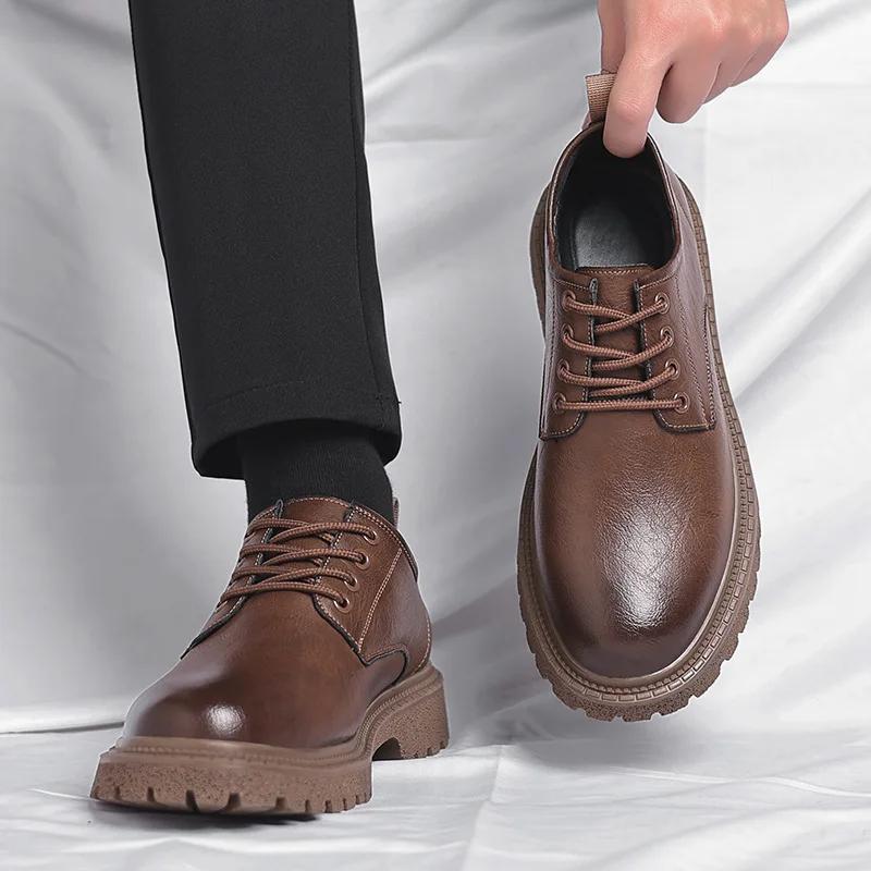 Men's Retro Business Casual Leather Shoes Cowhide Platform Big Head Platform Shoes Form Men British Style Low Work Shoe Male