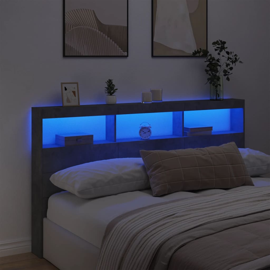 LED Headboard with Shelf Concrete Grey 180 x 17 x 102 cm