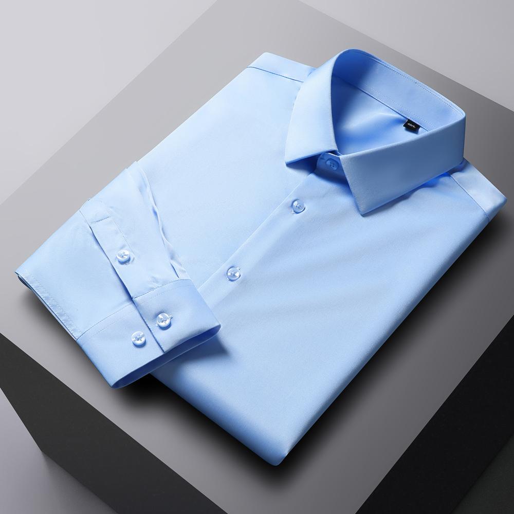 Мужская однотонная немнущаяся рубашка с длинным рукавом и эластичной тканью, шелковисто-гладкая, приятная к коже, простая в уходе, формальная мужская одежда, рубашка на пуговицах