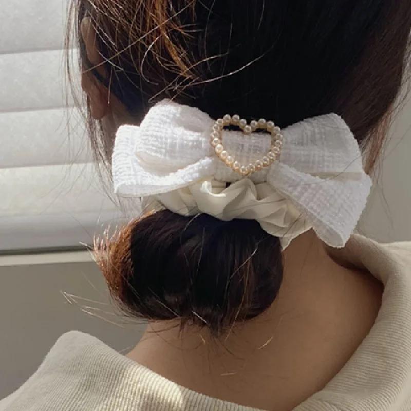 Новые кольца-резинки для волос с бантом, женские, милые, с жемчугом и сердечком, эластичные повязки на голову, аксессуары для волос для девочек, резинки для держателя хвостика