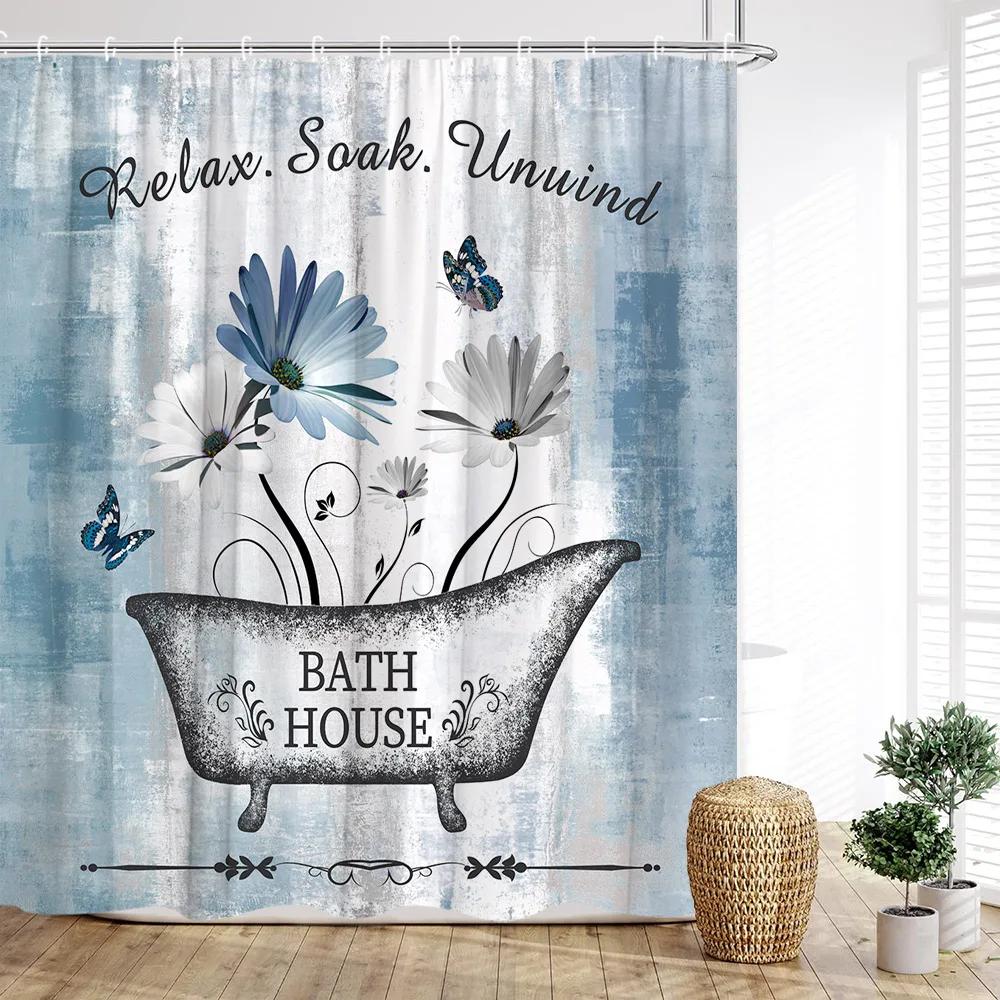 Floral Shower Curtain, Farm Daisy Dragonfly Rustic Wood Paneling Inspirational Quotes Butterfly Turquoise Home Bathroom Decor