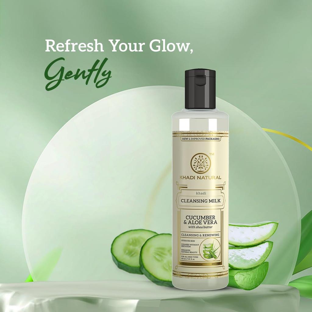 KHADI NATURAL Очищающее молочко с огурцом и алоэ вера 210 мл | Средство для снятия макияжа для напитаной, тонизированной кожи | Богато антиоксидантами, для всех типов кожи