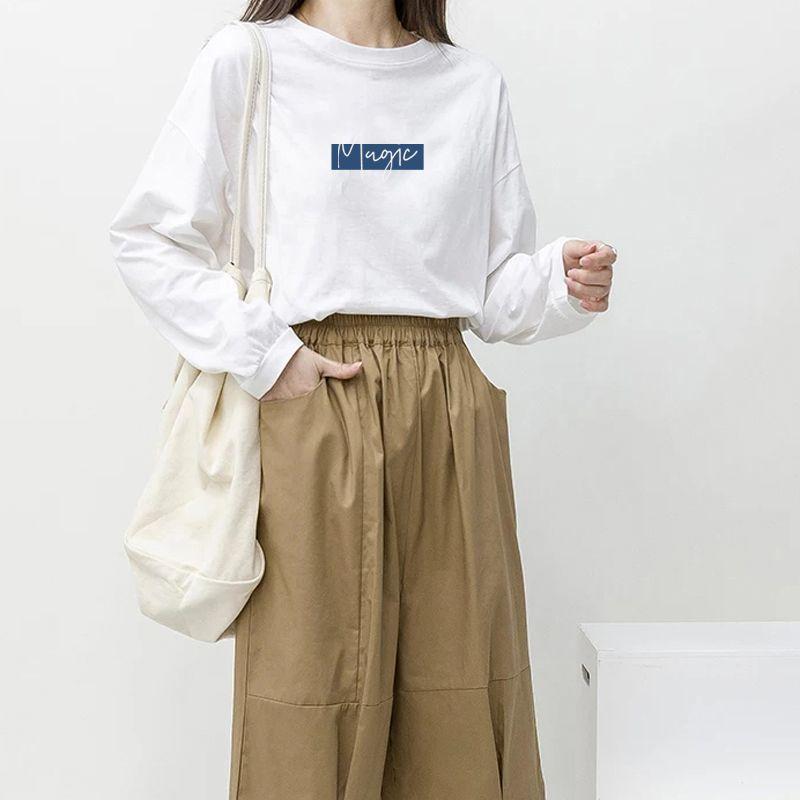 Осенняя новая футболка с длинным рукавом женская свободная с принтом букв круглым вырезом базовая