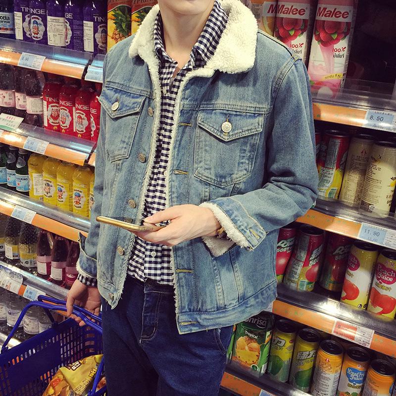 Мужская зимняя джинсовая куртка в стиле ретро с меховым воротником и подкладкой из овечьей шерсти