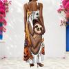 Women Plus Size Scoop Neck Strappy Sleeveless White Halloween Sloth Pumpkin Printed A Line Long Dress