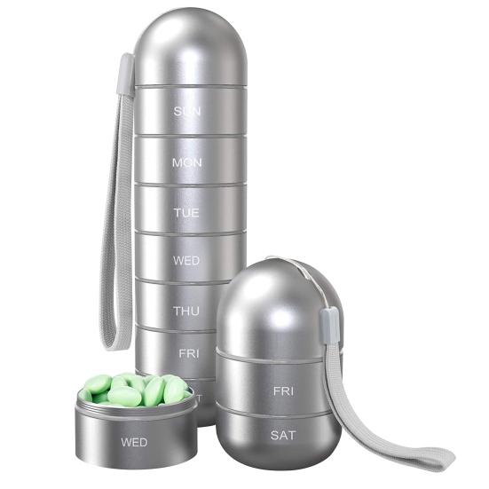 One Week Pill Box Letter Printed with Hanging Rope Large Metal 7 Day Daily Pill Case Container Daily Use