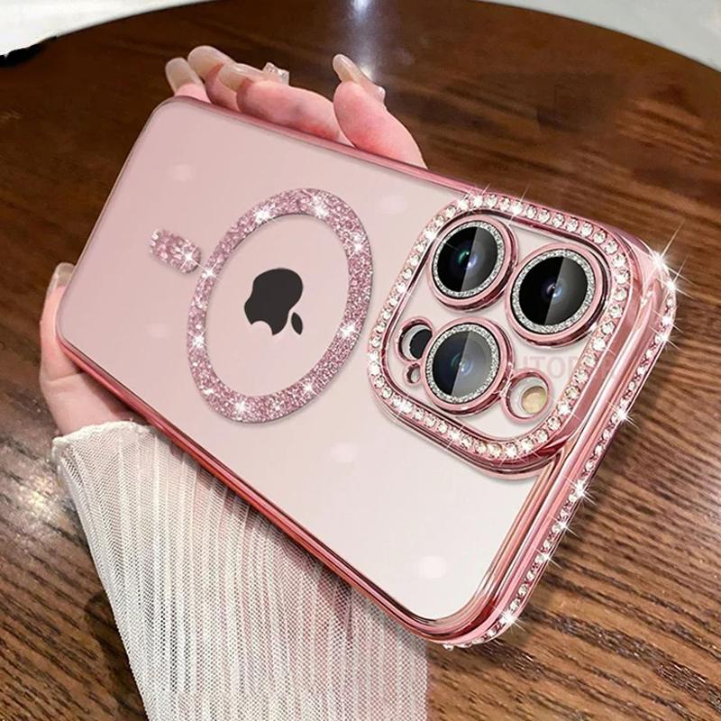 Роскошный блестящий прозрачный защитный чехол для iPhone 15 16 11 12 13 14 Pro Max 16 Plus Magsafe Magnetic Wireless Charging Clear Cover