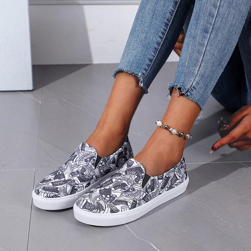 2024 Женская обувь из вулканизированной кожи Модная обувь из холста с граффити Женские модные кроссовки Плоская обувь Обувь для уличных танцев Женские туфли без застежек