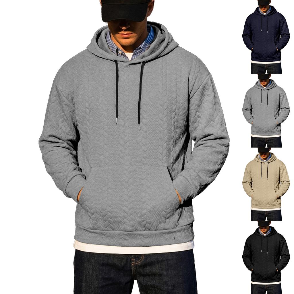 Men’s Autumn/Winter Casual, Loose-Fitting, Versatile, Plain-Coloured Jacquard Hooded Long-Sleeved Sweatshirt