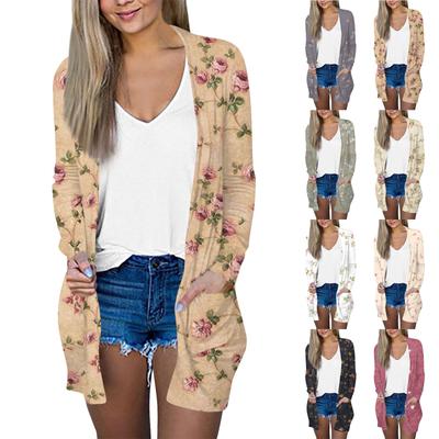 Женская модная повседневная куртка-кардиган средней длины с длинным рукавом и цветочным принтом в стиле ретро
