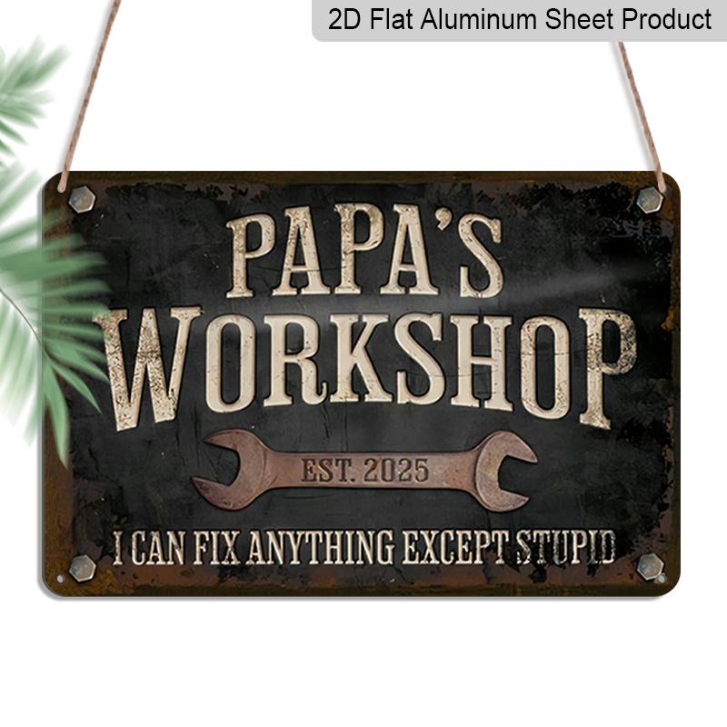 2D Flat, 1pc Vintage Metal Sign "Papa's Workshop" Garage Wall Decor with Humorous Quote - 12x8 Inch Rustic Aluminium Sign, Pre-Drilled for Easy