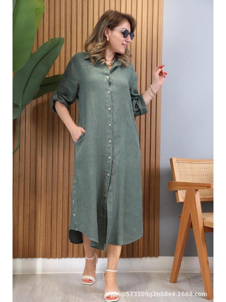 Льняное платье-рубашка большого размера с кружевной вставкой - Повседневный стиль в европейском и американском стиле