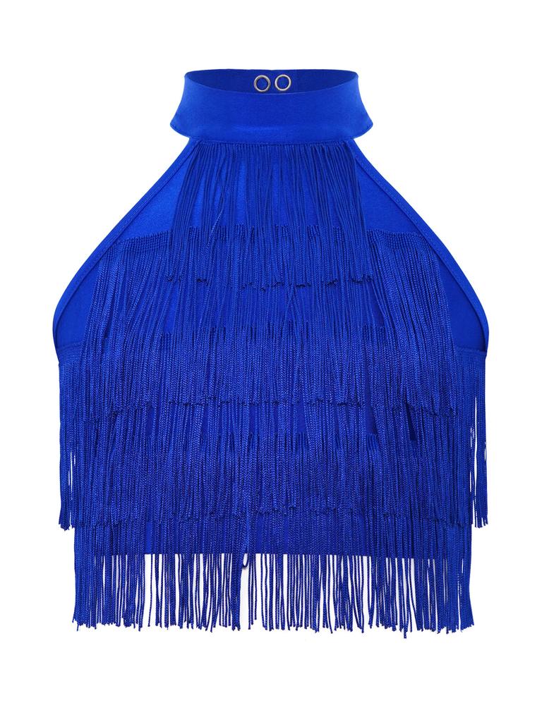Children‘s Latin Dance Outfit Sleeveless Back Straps Crop Top Layered Tassels and Matching Elastic Waist Fringe Pants for Salsa Competition