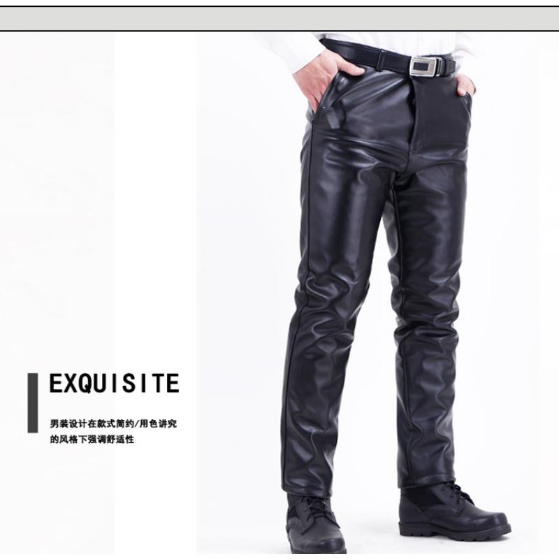 Men S Fleece Lined Thickened Pu Leather Straight Leg Casual Warm Windproof Long Pants