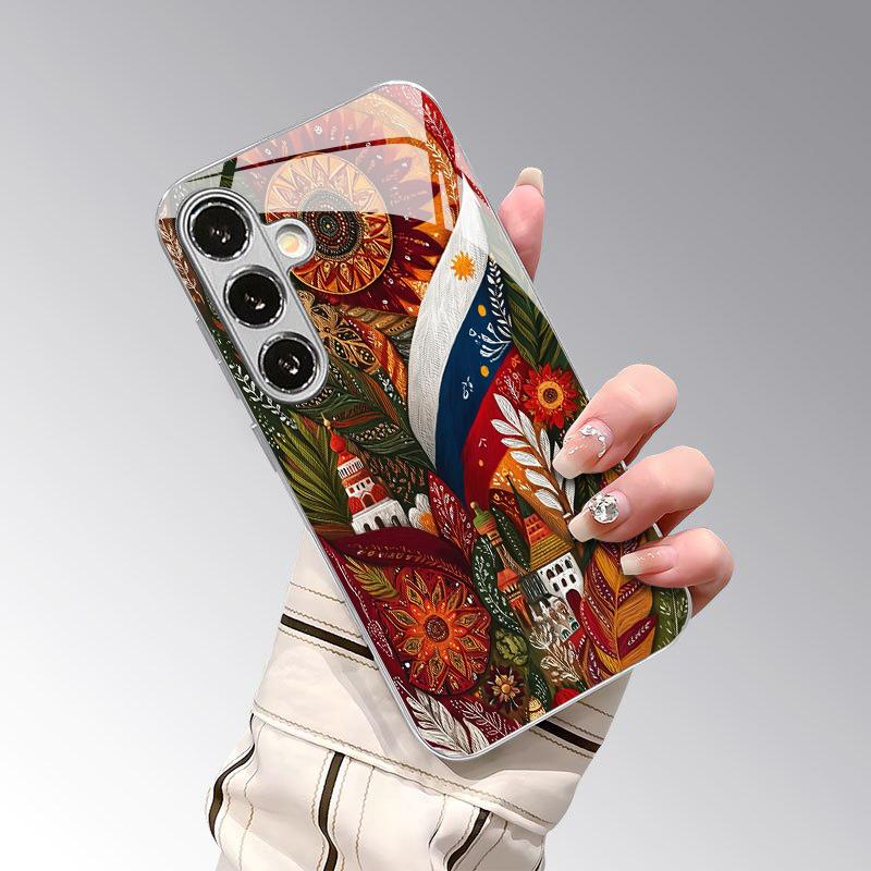 Чехол для телефона с 2D народным цветочным узором для Samsung S26 S25 S24 S23 S22 S21 S20 A56 A36 A16 - Гальванизированная стеклянная защитная крышка