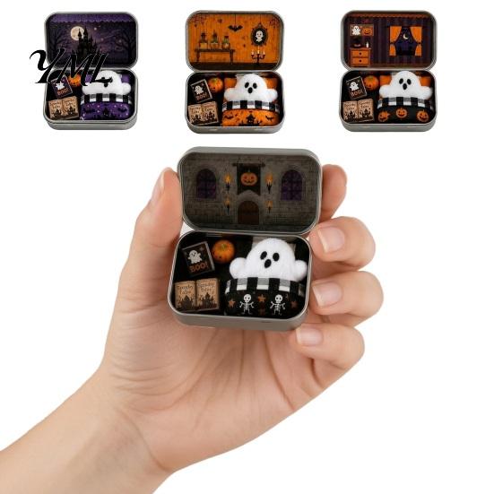 Halloween Decor Mini Ghost Tin Box Set, Little Pocket Cute in A Box, Tiered Tray Display Accessory Miniature Scene Spooky Desktop Decor, Gifts
