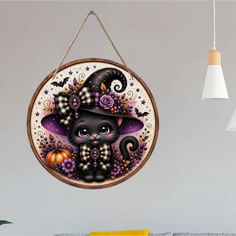 Cute black cat witch pumpkin print round wooden hanging plaque rustic farmhouse wall decor halloween home holiday party decorations