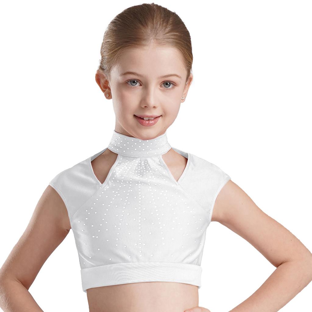Girls Sleeveless Crop Top Shiny Rhinestones Cutout Design for Figure Skating Dance Gymnastics Performance Wear