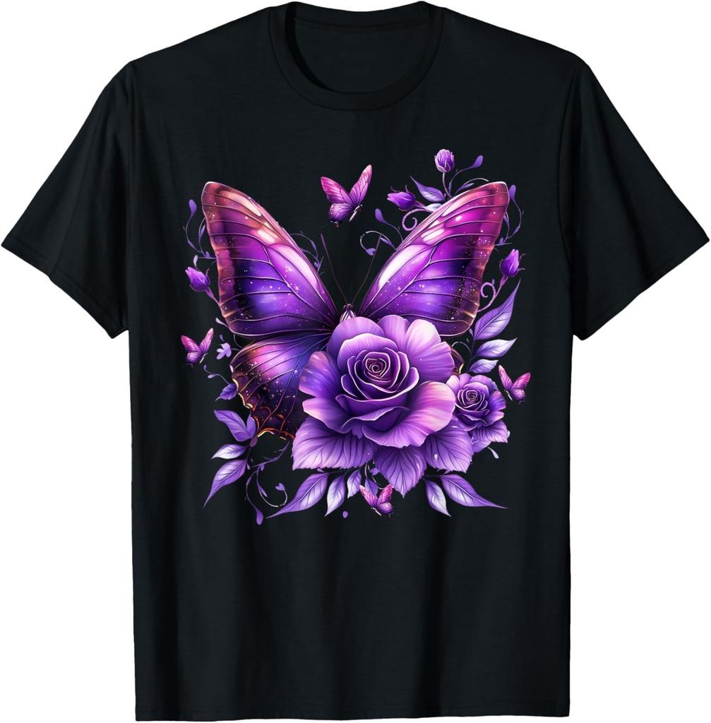 Floral Beautiful Purple Butterfly Lover Rose Flower Women T-Shirt unisex Tee