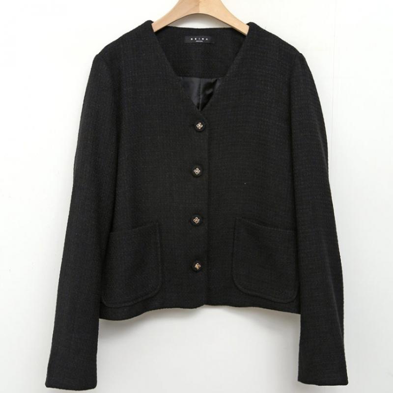 Shop Women No Collar Y Button Check Tweed Spring Jacket ivorY Rei Wjk 4269
