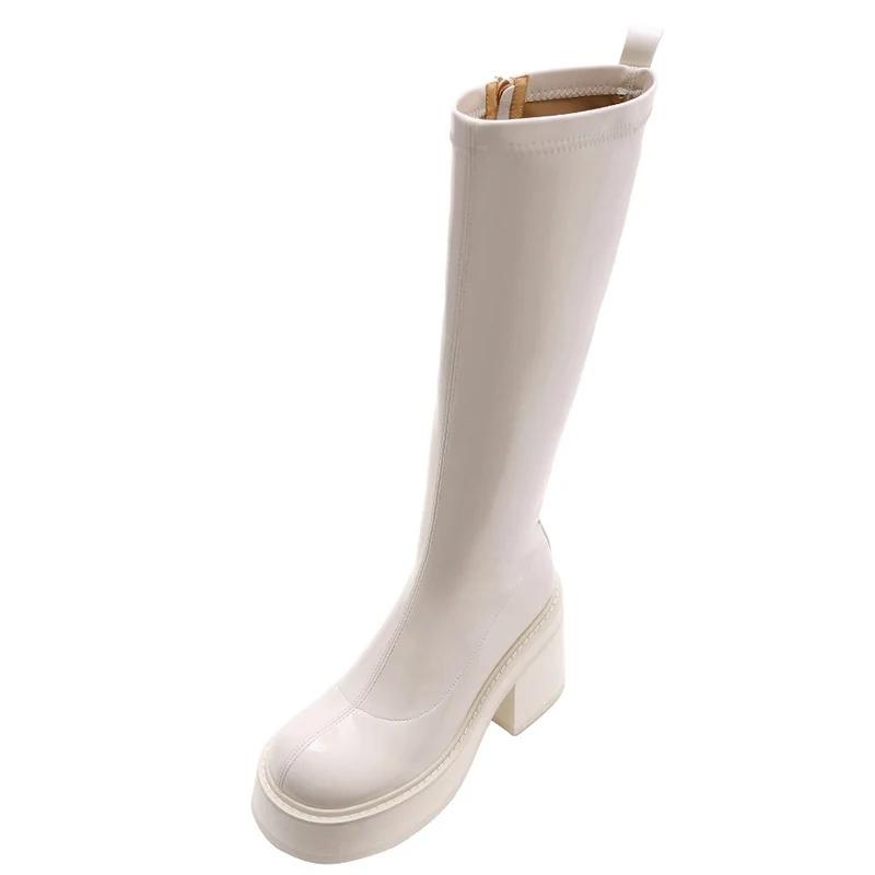 Мода Панк-стиль Высокий каблук Женские сапоги до колена Модные элегантные лакированные туфли Осень-зима Женские длинные сапоги Morder