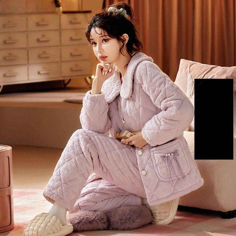 Коралловая бархатная пижама женская зимняя трикотажная стеганая куртка из толстой фланели корейский кашемировый женский комплект домашней одежды можно носить на улице