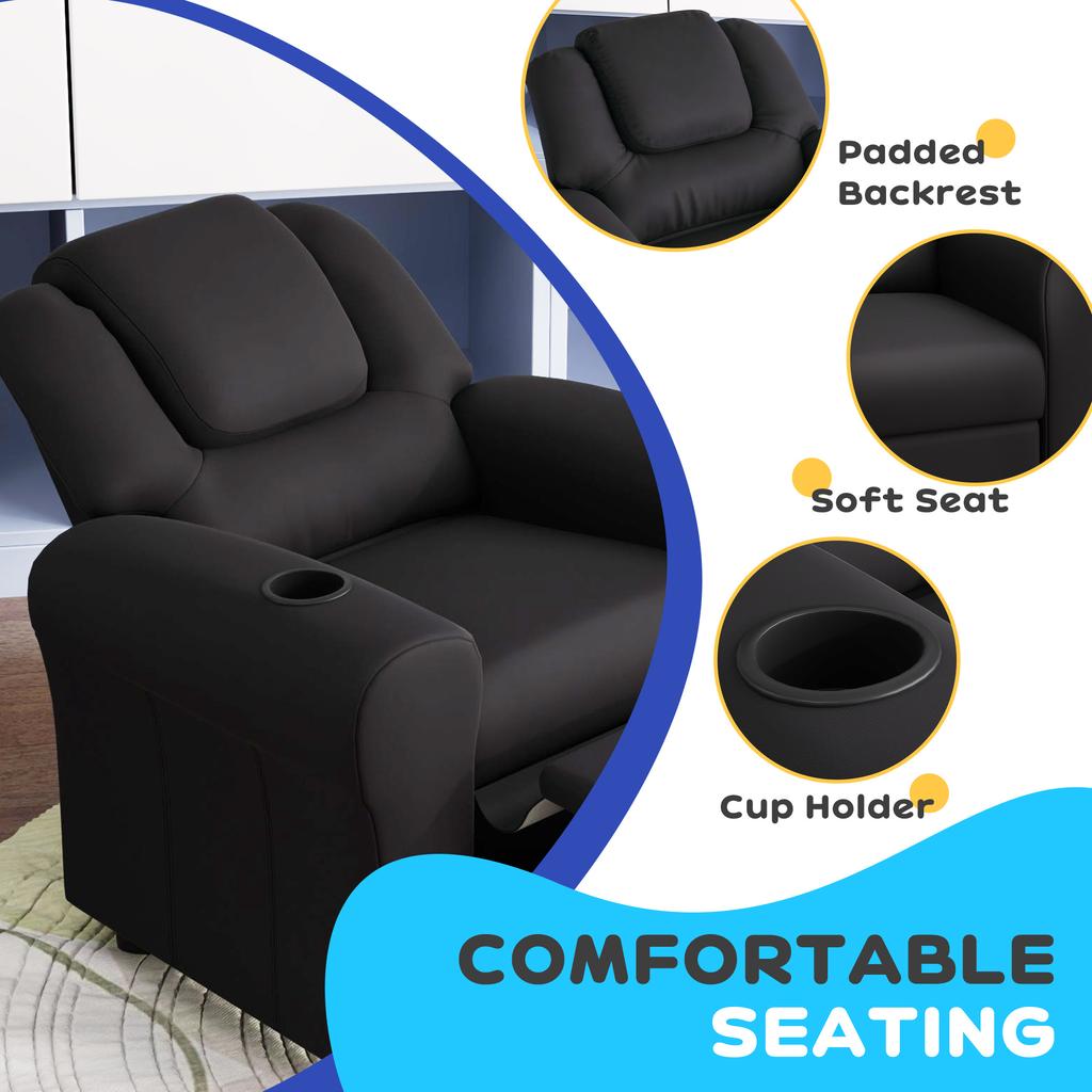 Kids Recliner Chair Pu Leather With Adjustable Backrest Footrest Padded Headrest Black