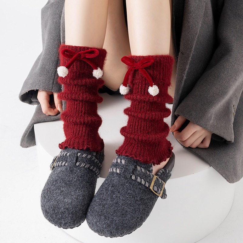 New Year'S Day Red Medium Tube Leggings Leg Cover Women'S Knitted Warm Sweet Butterfly Autumn And Winter Stacking Socks Cover Vertical Calf Socks