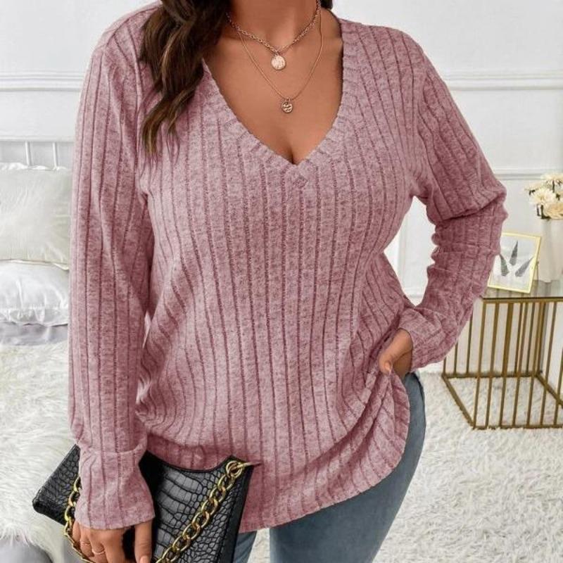 Женская одежда больших размеров с длинным рукавом, повседневная мода, V-образный вырез, полосатые трикотажные топы, весенние женские однотонные свободные футболки 5XL