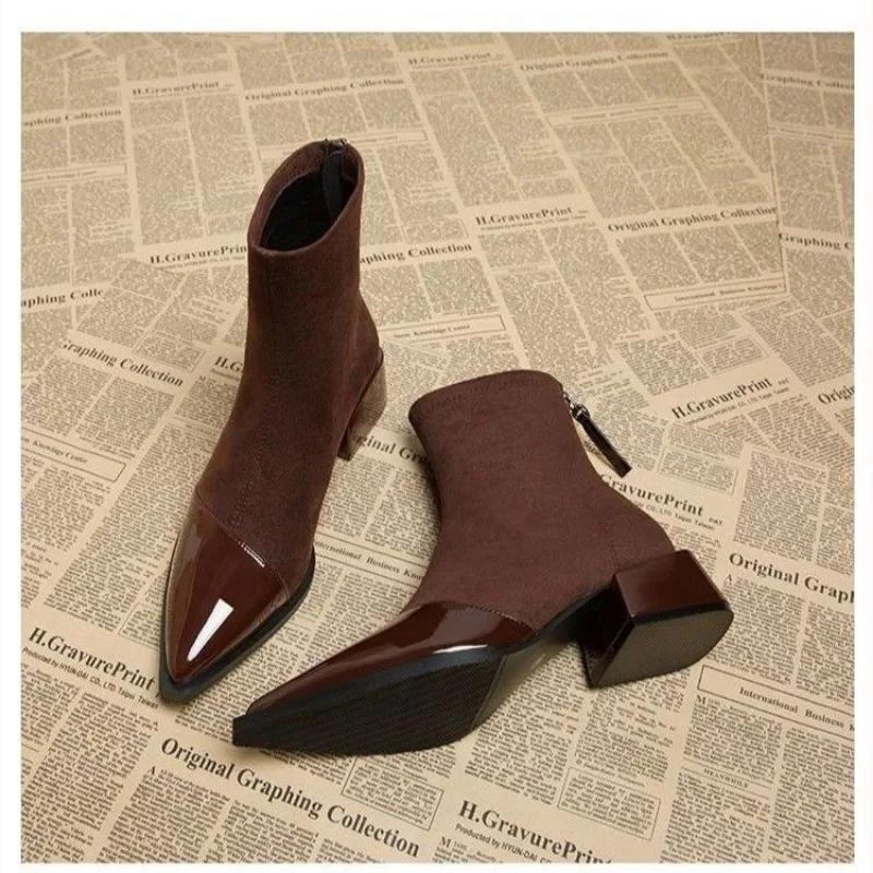 Ladies Shoes 2024 High Quality Modern Women's Boots Concise Ankle Boots Women Sewing Pointed Toe Med Heel Back Zip Shoes Women