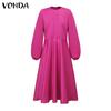 VONDA Женские большие размеры с круглым вырезом и длинным рукавом с поясом и карманами, свадебные атласные однотонные платья миди
