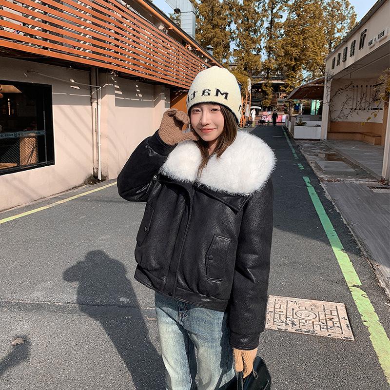 New lamb wool big fur collar women's short fashion sense celebrity temperament small winter down cotton-padded coat