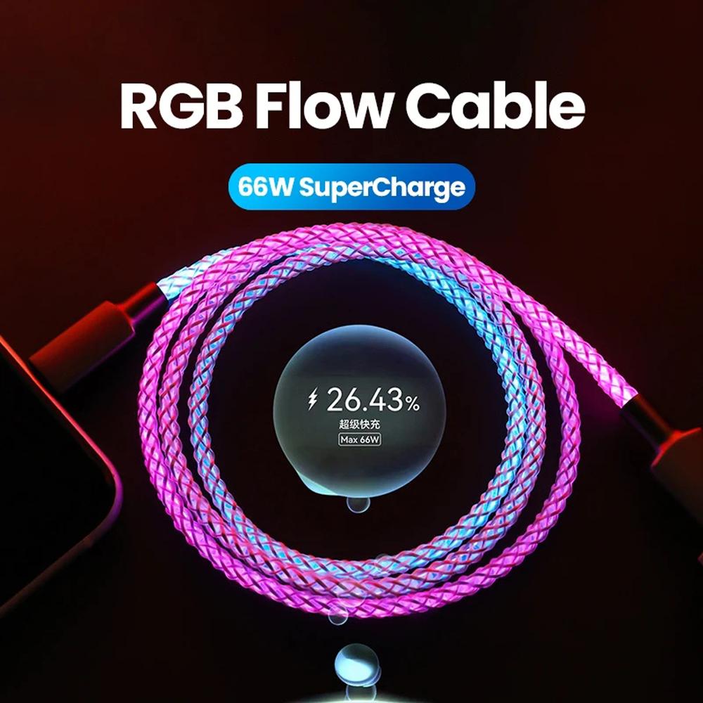 66 Вт RGB цветной свет USB C кабель для быстрой зарядки для Xiaomi Samsung Dual Type-C телефон зарядное устройство шнур передачи данных для iPhone 15