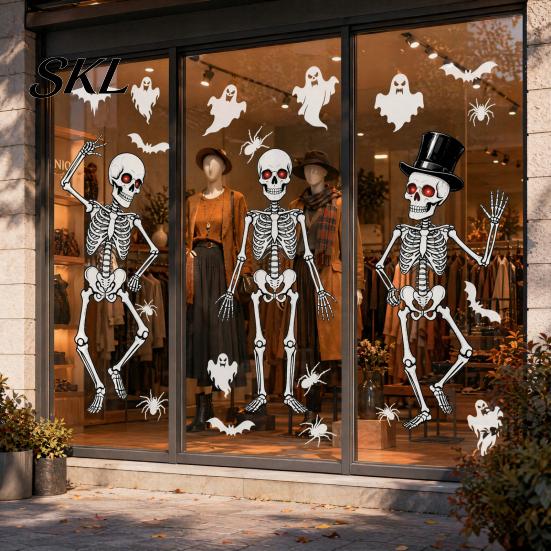 Wear-resistant Glass Cling 3Pcs Halloween Skeleton Stickers, Waterproof PVC Window Clings, Static Decals, Durable Removable Stickers for Home