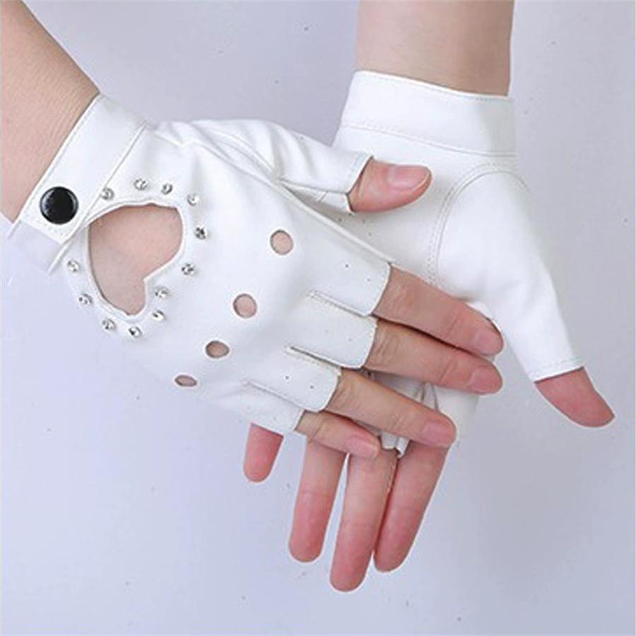 Women Heart Cutout Rhinestone Fingerless Gloves, Punk Faux Leather Half Finger Gloves for Dancing, Cosplay, Biking, Party, Performance