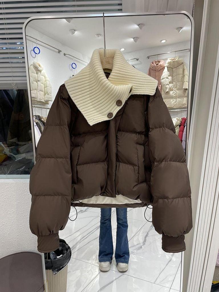 Women's Winter Coffee Knit Lapel Down Jacket - Loose Fit, Petite Spliced Design, Thick White Duck Down Coat