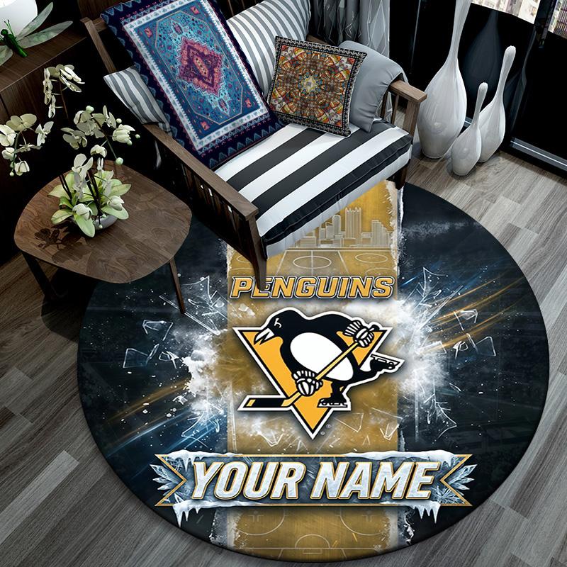 Custom Name Pittsburgh Penguins Round Area Rug,Carpet Rug for Living Room Bedroom Sofa Playroom Decor,Non-slip Floor Mat