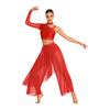 Womens Rhinestone Lyrical Outfit Asymmetrical Long Sleeve Crop Top Loose Irregular Overlay Pants