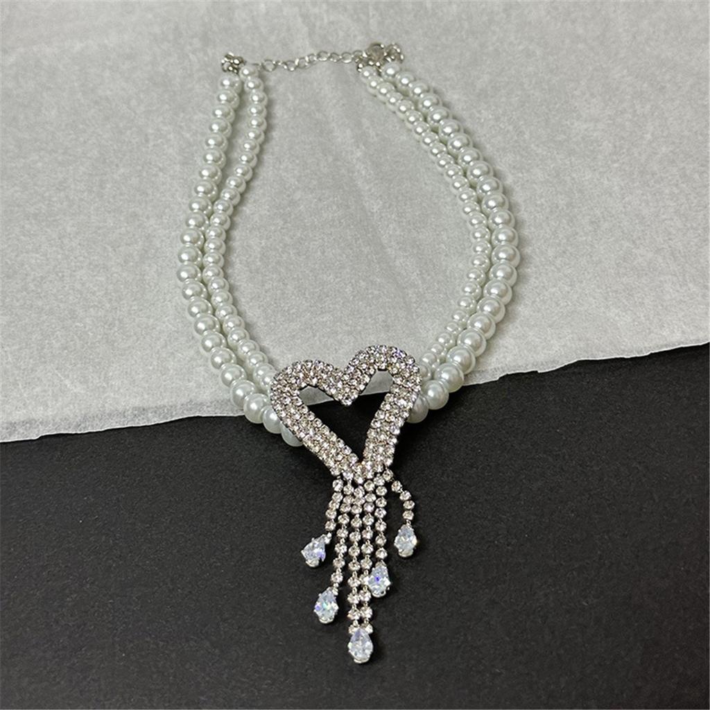 Мода Легкая Роскошь Высокий Туксика Чувство Двойной Жемчуг Вспышка Бриллиант Любовь Кисточка Ожерелье Ожерелье Цепочка на Шею Цепочка на Ключицу