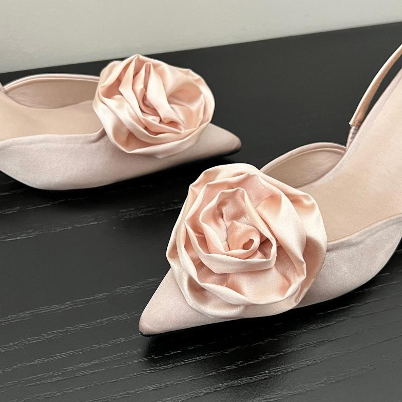 2024 Элегантные туфли-лодочки на среднем каблуке с однотонным острым носком и цветочным декором, женские туфли на высоком каблуке с открытой пяткой, женские босоножки