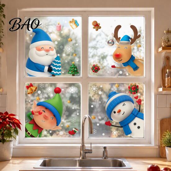 Family Party Glass Decorations Christmas Window Stickers Static Cling, Santa/Reindeer/Snowmen/Elves Print, Waterproof Kids Room Wall Art PVC Decal for