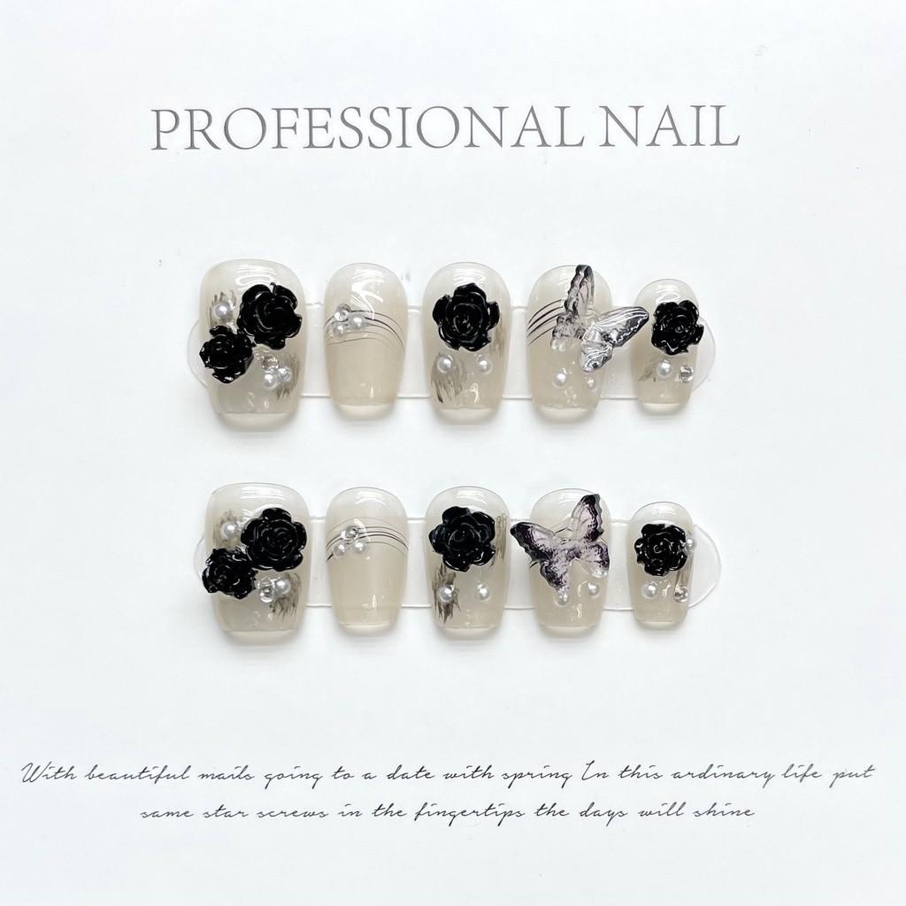 100% HANDMADE Trapezoid Coffin Shape Artificial Nail Art Black Butterfly Camellia Nude Phototherapy Nails Reusable Nails