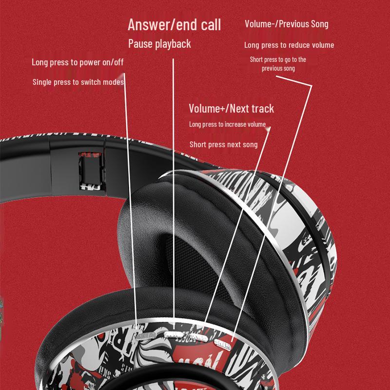 Беспроводные накладные Bluetooth-наушники P85: Яркий дизайн граффити, Крутой светящийся RGB, Глубокие басы, Складные.