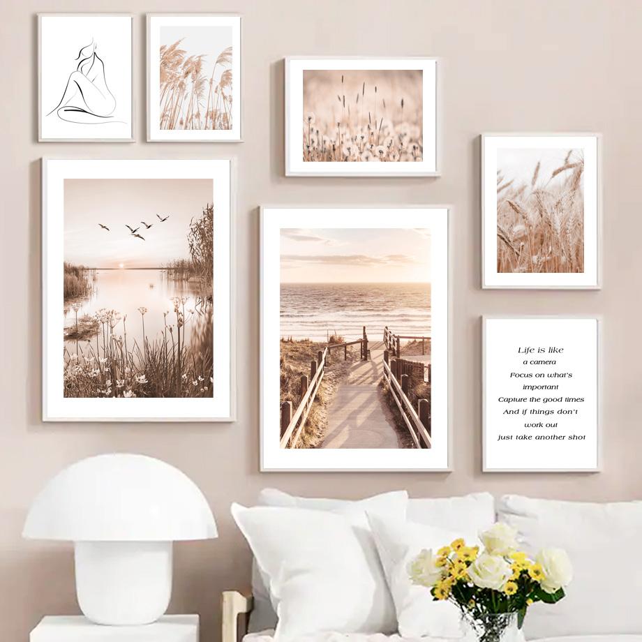 Хвост кролика, трава, тростник, закат, птица, цветок, пляж, настенные художественные принты, картина на холсте, линия, скандинавский постер, декор, картинки для гостиной