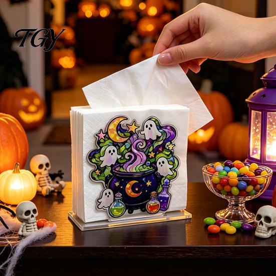 Halloween Napkin Holder Ghost Holder, Acrylic Stained Glass Style Stand, Modern Table Ornament Freestanding Tissue Paper Dispenser for Kitchen Dining