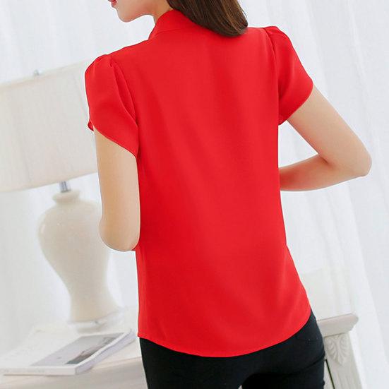Летняя футболка с коротким рукавом и V-образным вырезом, модная однотонная шифоновая женская блузка-топ